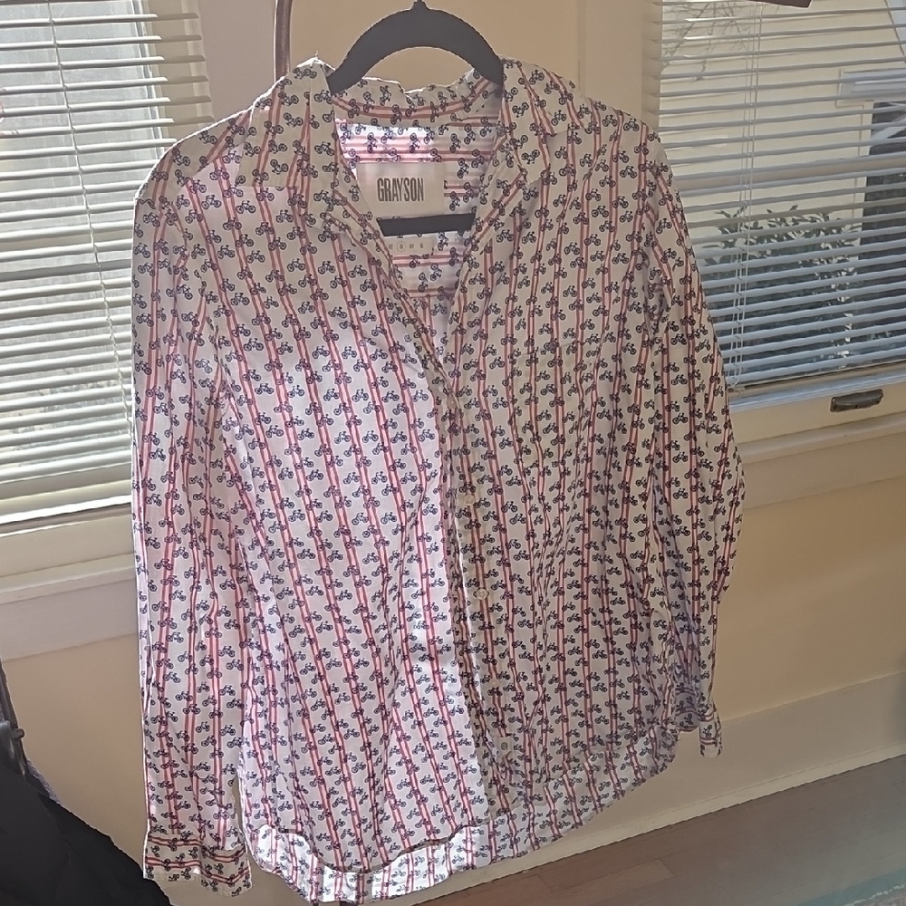 Anthropologie White Button-Down Shirt with Pink and Navy Chain Print